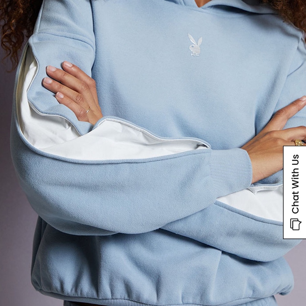 Blue and White Hooded Sweater with Drawstrings